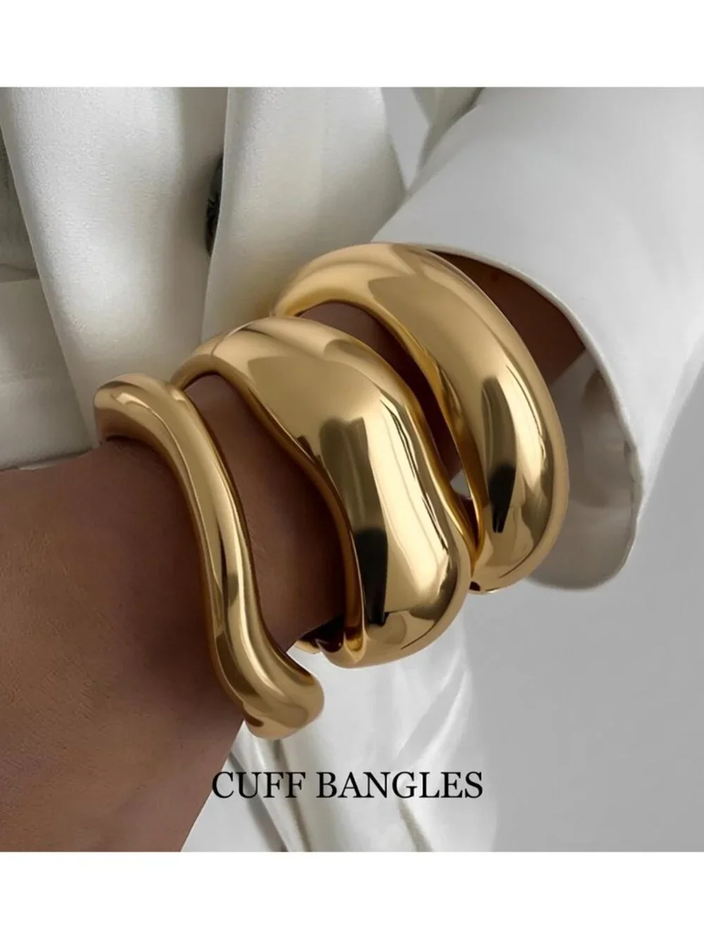 Trendy Chunky Gold Bangle Bracelets Set, 14k Plated Cuff Stackable Jewelry Gifts